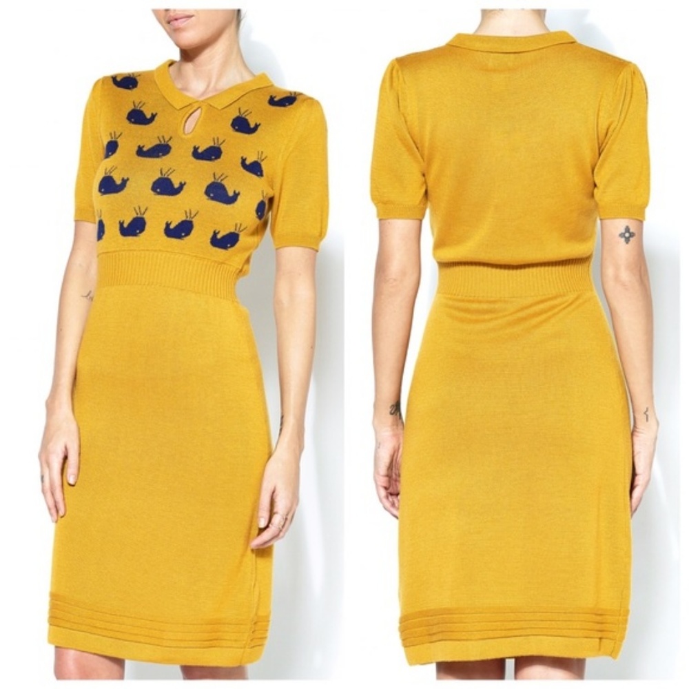 Yellow Whales Sweater Dress Peter Pan Collar Yumi